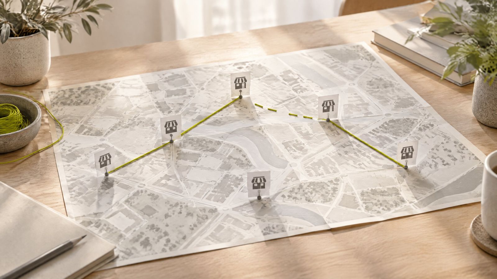 Duża papierowa mapa miasta na stole w słonecznym pokoju, z papierowymi znacznikami sklepów połączonymi nitką, która w kilku miejscach się urywa.