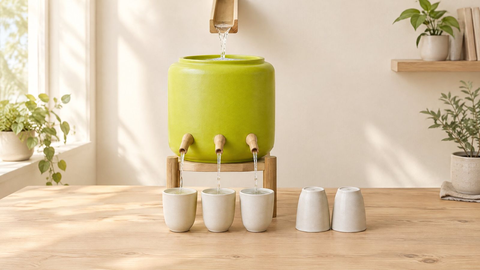 Limonkowy ceramiczny zbiornik z wodą nalewa przez trzy kraniki do trzech kubków, obok stoją dwa suche kubki odwrócone dnem do góry.