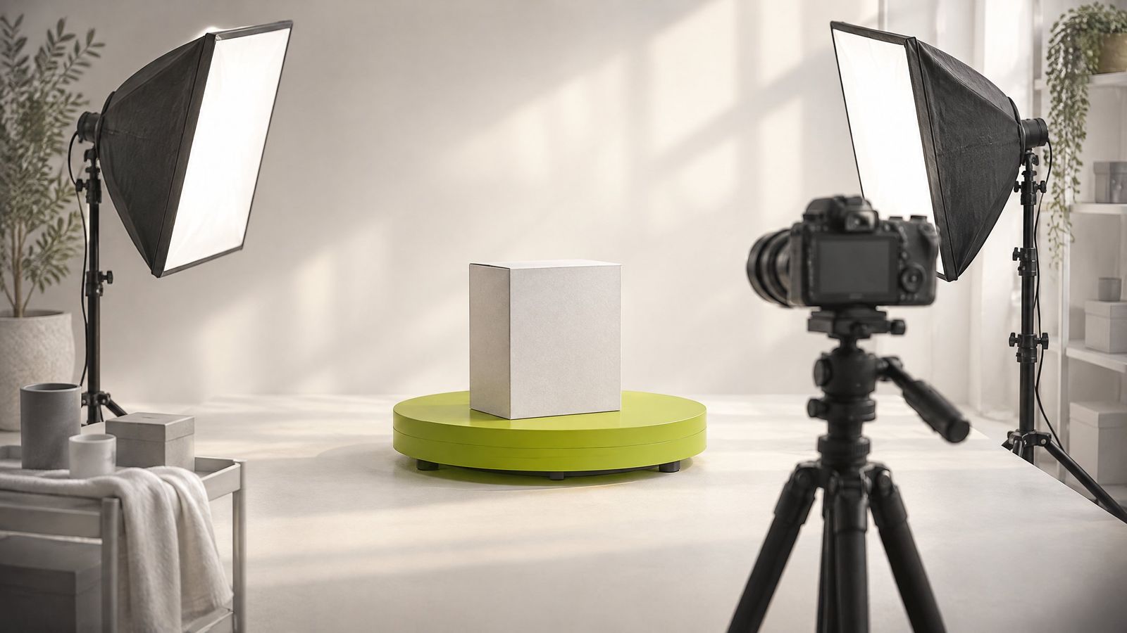 Jasne studio fotograficzne z kamerą na statywie i dwiema lampami skierowanymi na pudełko produktu stojące na obrotowym talerzu.
