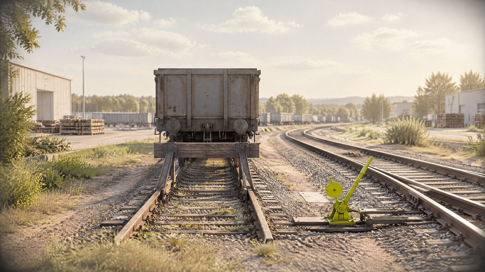 Mały wagon towarowy na krótkim bocznym torze zakończonym kozłem oporowym w słonecznej bocznicy, obok zwrotnica na główną linię.