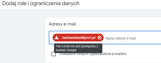 Google Analytics 4 brak możliwości udzielenia dostępu na firmowy adres e-mail