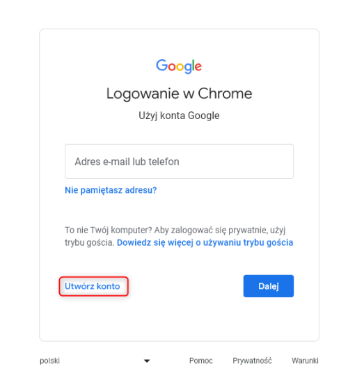 Utwórz Konto Google