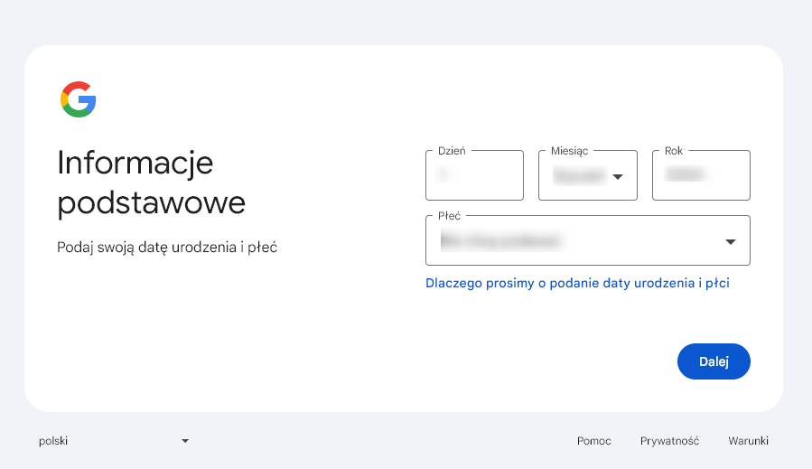 Konto Google Dane podstawowe