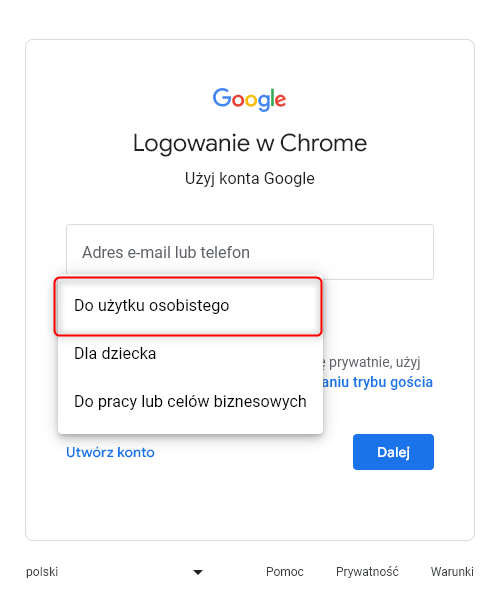 Google Konto do użytku osobistego